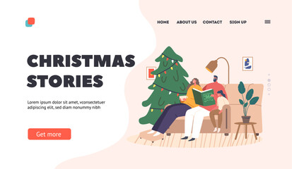 Christmas Stories Landing Page Template. Happy Family Characters Parents and Kid Reading. Happy Mom, Dad and Child