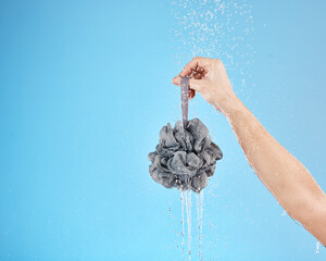 Shower, water and hands of woman with loofah for daily bathroom routine, body cleaning and self...