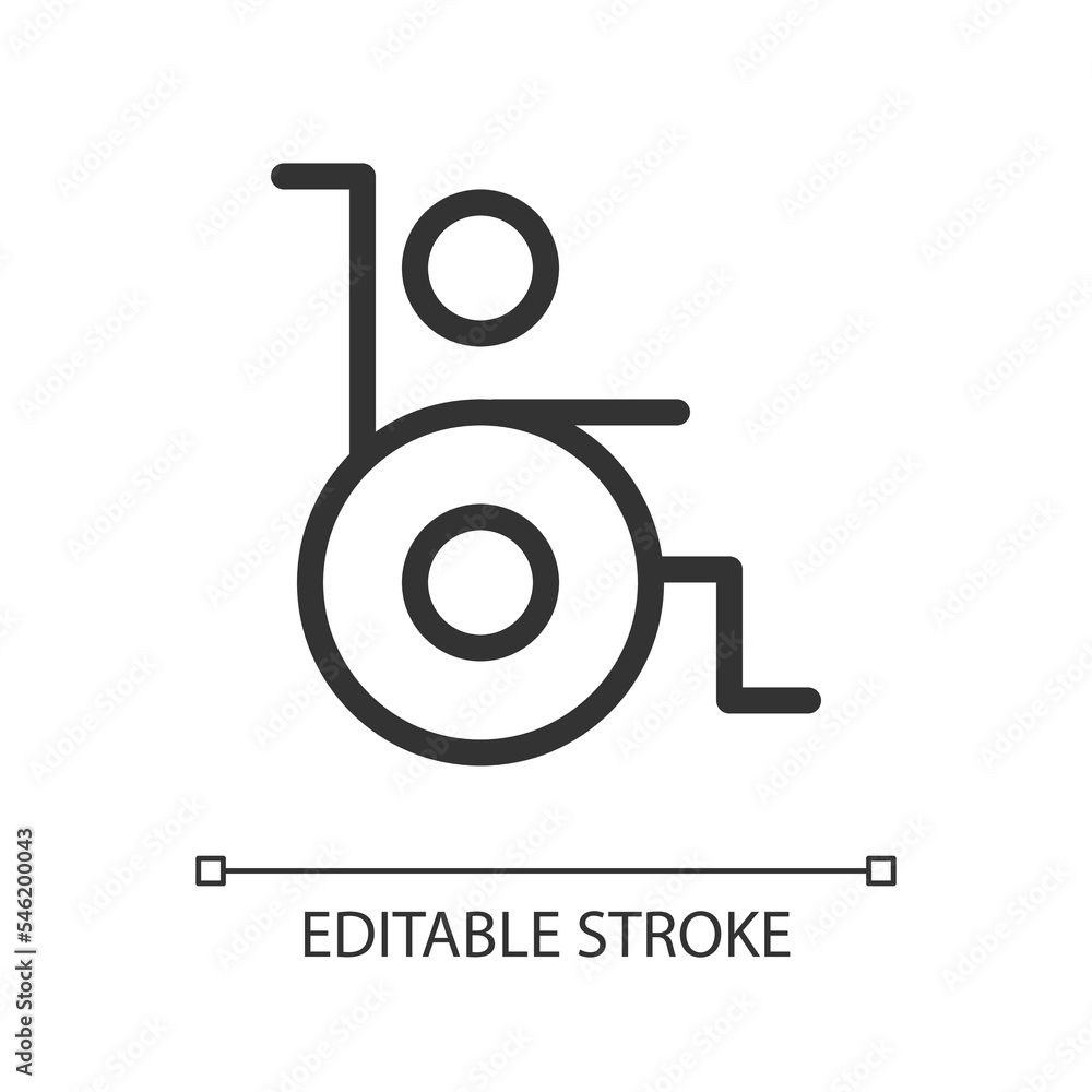 Poster person with disability pixel perfect linear ui icon. figure sitting in wheelchair. gui, ux design. o