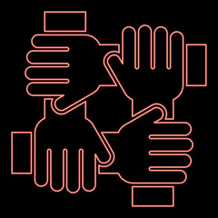 Neon four hand holding together team work concept red color vector illustration image flat style