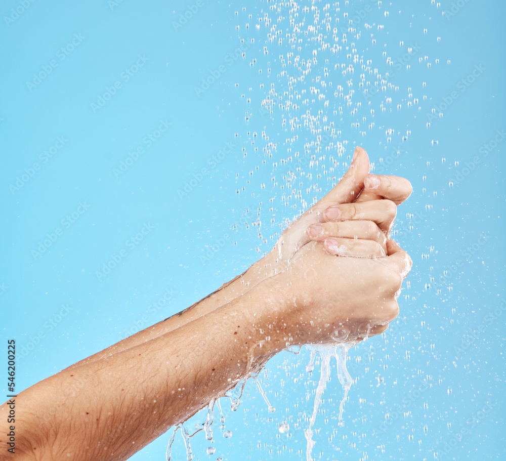 Sticker Woman, water splash or washing hands on blue background in studio for hygiene maintenance, bacteria security safety or grooming. Zoom, model or wet cleaning in shower skincare wellness and healthcare