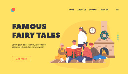 Famous Fairy Tales Landing Page Template. Happy Kids Reading Stories at Christmas Eve. Happy Boys and Girls with Book