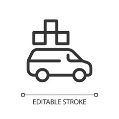 Minivan taxi pixel perfect linear ui icon. Freight delivery service. Online car ordering. GUI, UX design. Outline isolated user interface element for app and web. Editable stroke. Arial font used