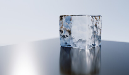Ice cube on a light background. Selective focus. 3D rendering.