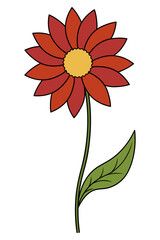 Flower. Red petals. Color vector illustration. Cartoon style. Blooming bud. Green leaf on the stem. Flowering plant. Isolated background. Idea for web design.