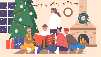 Happy Kids Reading Fairy Tale Stories at Christmas Eve. Happy Boys and Girls Characters Sitting at Fire Place and Tree