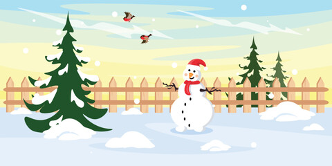 Vector illustration of a funny snowman. Snowman made in winter wrapped in a scarf and with a New Year's hat, stands on a snowy lawn with a Christmas tree, and bullfinches in cartoon style.