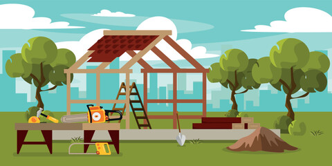 Vector illustration of innovative gazebo construction. Cartoon urban buildings with gazebo construction, construction tools, boards, sand, trees with the city in the background.