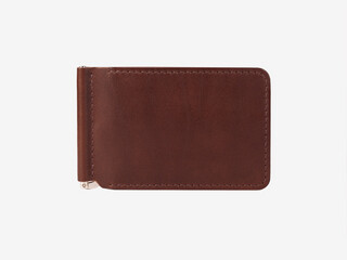 Isolated red-brown leather wallet on a gray background. Suitable for your logo.