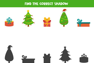 Fototapeta na wymiar Find the correct shadows of cute Christmas trees and presents. Logical puzzle for kids.