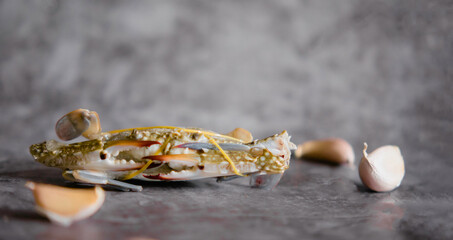 Close-up shot of fresh blue crab isolated on background, sea crab. Seafood. Seafood and spices concept. Garlic.