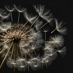 dandelion seed heads against a black background - Created with generative AI technology