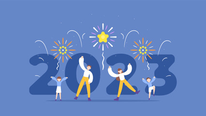 happy new year 2023. people celebrate and enjoy a party or fireworks festival. have fun with friends and family. happy people welcome the new year. cartoon illustration concept design. posters, UI