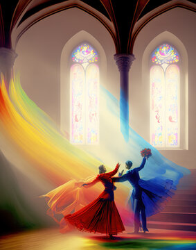 Dancing with flowing rainbow dress and cloak in church. Rainbow lighting swirls magically through stained glass windows 