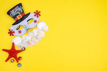 Christmas background, Santa Claus hat, snowflakes, Christmas decorations, New Year atmosphere. Christmas tree, ice floes, bells, empty space for invitation.