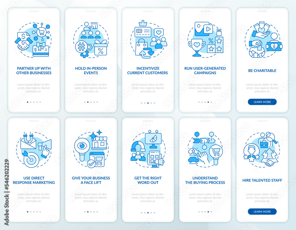 Poster ways of finding customers blue onboarding mobile app screen set. walkthrough 5 steps editable graphi