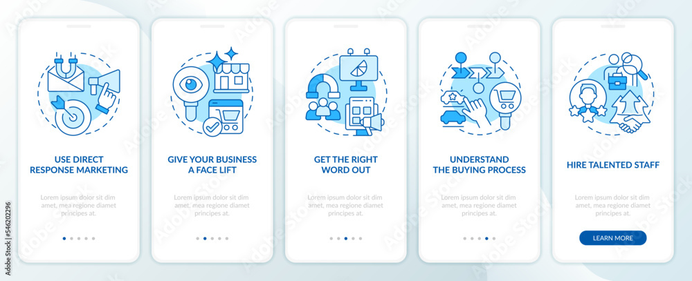 Aufkleber finding potential clients blue onboarding mobile app screen. walkthrough 5 steps editable graphic in