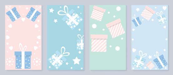 Set of christmas winter template poster. Pastel color christmas element cover, snow, presents, gift boxes, heart, stars. Design illustration for banner, card, social media, advertising, website.
