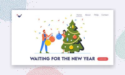 Characters Preparing for New Year and Xmas Celebration Landing Page Template. Happy Man and Woman Decorating Tree