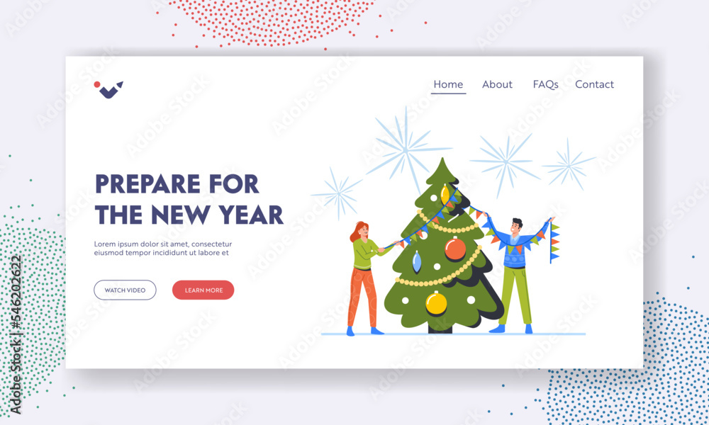 Wall mural prepare for new year party landing page template. christmas and holiday preparation. happy people de