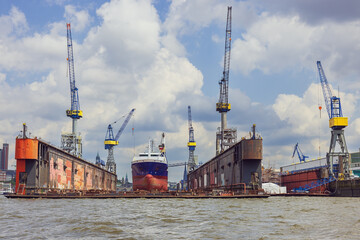Floating dry dock for ship repair in the port of Hamburg