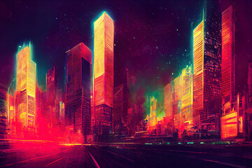 Futuristic city. Concept Art. Cityscape at night with bright neon lights. 3D illustration.