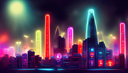 Futuristic city. Concept Art. Cityscape at night with bright neon lights. 3D illustration.