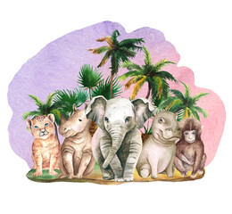 Watercolor Tropical Island Sublimation, Wild Animals Clipart