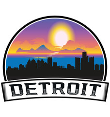 Detroit Michigan USA Skyline Sunset Travel Souvenir Sticker Logo Badge Stamp Emblem Coat of Arms Vector Illustration EPS