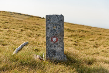 View of a boundary stone on the Yugoslavia (SFRJ) border. The border between North Macedonia and Greece