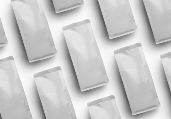 Mockup medium white coffee pouch, png, stabilo pack for tea. Set