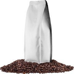 Mockup medium white coffee pouch, png, stabilo pack on coffee beans
