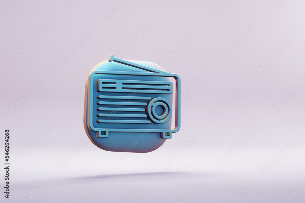 Poster beautiful illustration musical instrument blue old radio with short antenna symbol icons on a bright