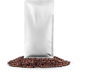 Mockup transparent white coffee pouch, png, stabilo pack on coffee beans