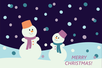 New Year's card Merry Christmas. vector file. New Year illustration. Two snowmen and snow on a dark blue background, the inscription