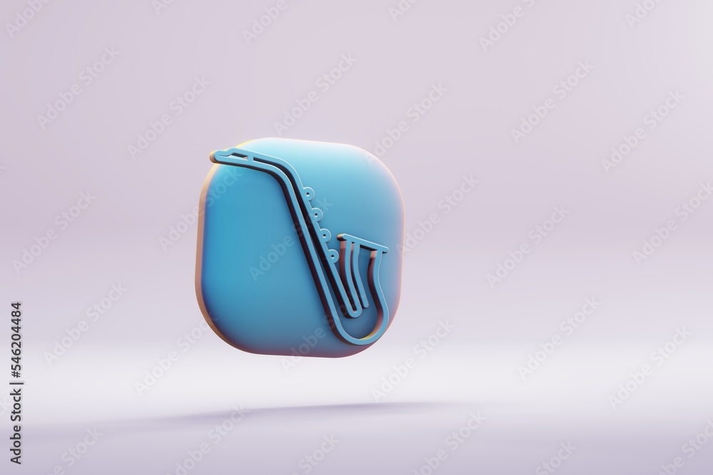 Poster beautiful illustration musical instrument blue inclined saxofon symbol icons on a bright pink backgr
