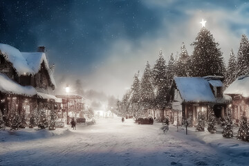 Winter landscape in snow, christmas lights. 