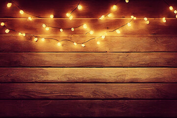 christmas string lights on old vintage wooden background