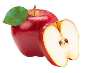 Fresh Red Apple with leaves isolated on white background, Red Royal Gala apple on white background...