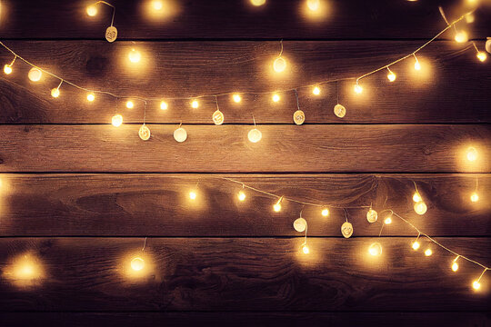 christmas string lights on old vintage wooden background