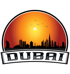 Dubai Uae Skyline Sunset Travel Souvenir Sticker Logo Badge Stamp Emblem Coat of Arms Vector Illustration EPS