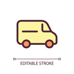 Van pixel perfect RGB color ui icon. Small cargo automobile. Delivery service. Simple filled line element. GUI, UX design for mobile app. Vector isolated pictogram. Editable stroke. Arial font used