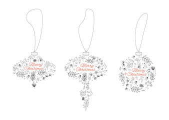 Marry Christmas decoration with simple elegant floral elements. Xmas tree bauble for postcard and invitation.