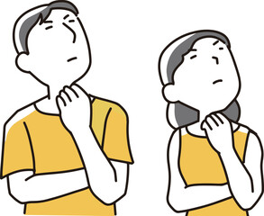 斜め上を見ながら悩む男女