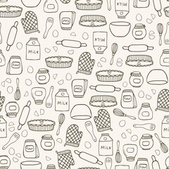 Vector seamless pattern with hand drawn food and kitchen items in doodle style on beige background. For fabric, kitchen textile, towel print, cover of cooking book, packaging design, template labels.