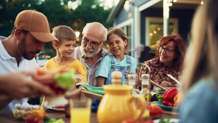 Portrait of a Happy Senior Grandfather Holding His Bright Talented Little Grandchildren on Lap at a Outdoors Dinner Party with Food and Drinks. Family Having a Picnic Together with Children. - Powered by Adobe