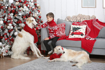 Happy child in New Year's decorations with Christmas tree and couple dogs: breed 