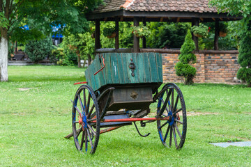 Fototapeta na wymiar Traditional serbian style carriage cart. Old wagon of farmer
