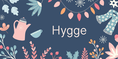 Hygge Autumn and winter illustration border design. Cute and cosy Fall vector symmetrical banner.