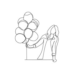 Vector illustration of a girl holding balloons drawn in line-art style